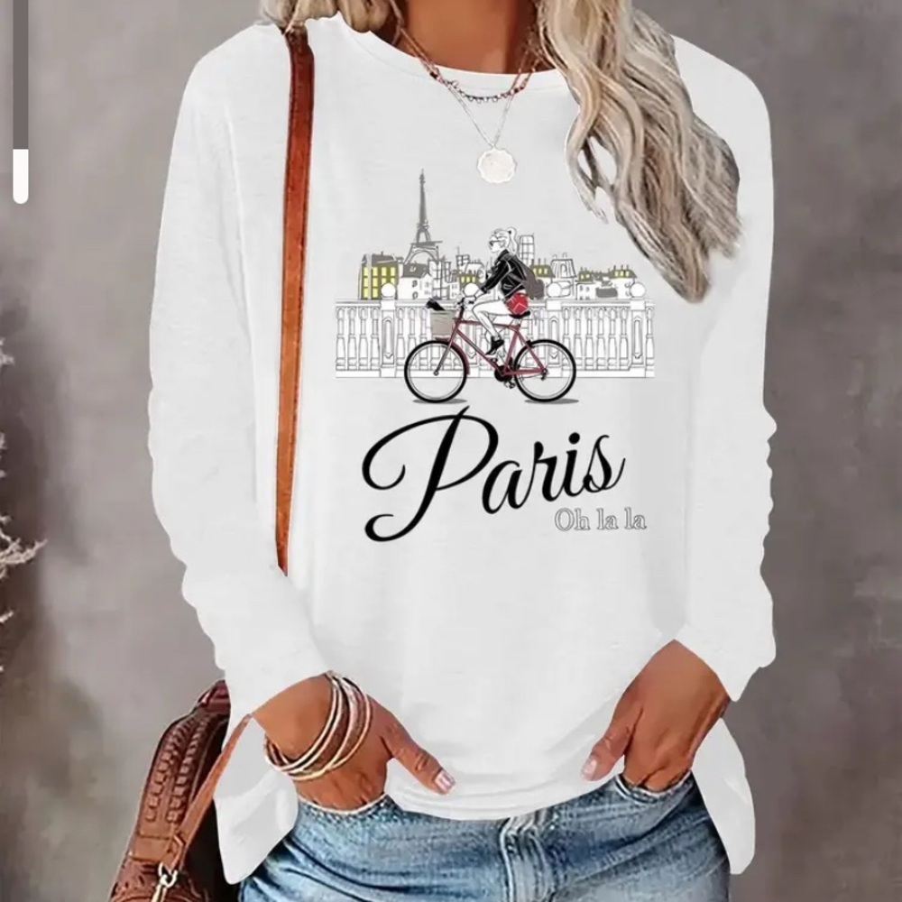 White Paris Graphic Long Sleeve Tee Relaxed Style